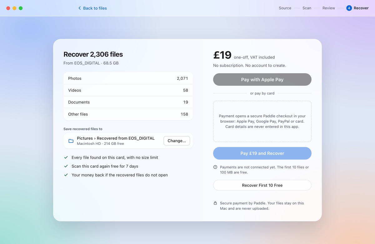 The recovery screen: 2,306 files to recover to the Pictures folder, priced at £19 once.
